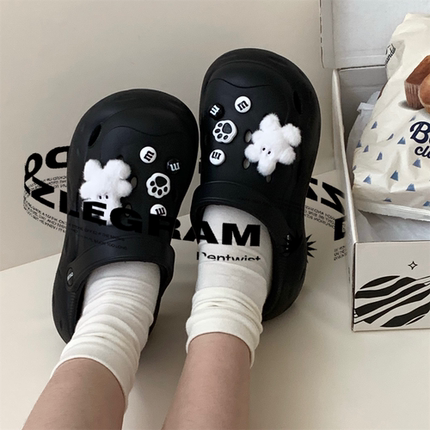 夏季包头户外穿白色毛绒小兔防滑凉拖鞋厚底女士ins风趣味洞洞鞋