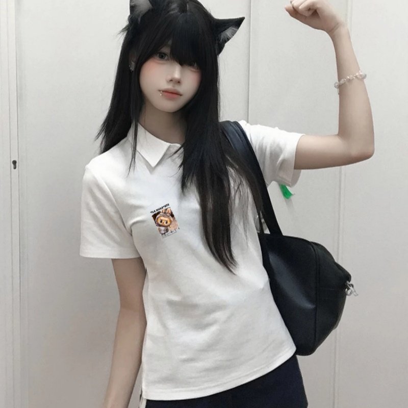 白色polo衫短袖t恤女夏季新款学院风美式复古印花ins翻领半袖女潮