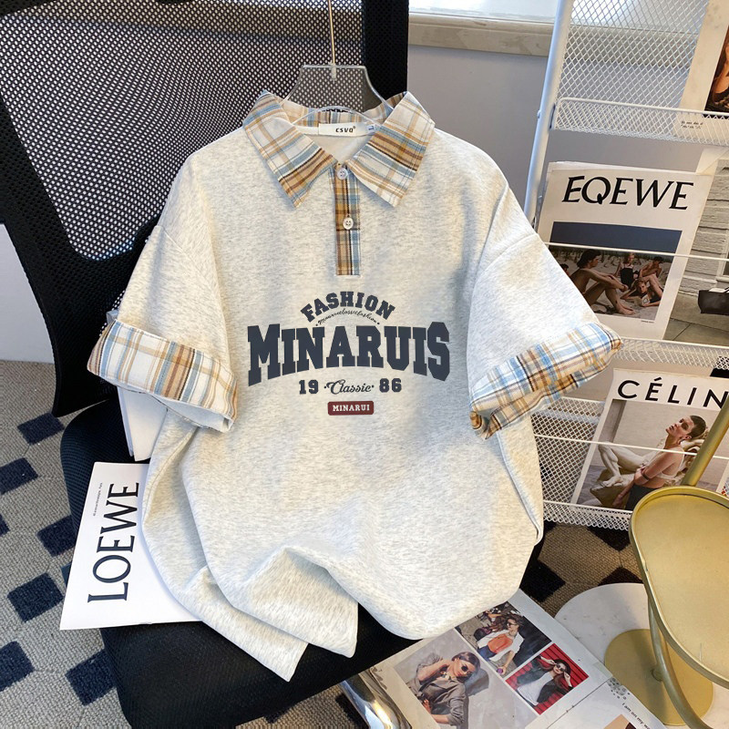 女童POLO衫短袖可爱卡通印花拼接学院风翻领宽松T恤夏季休闲百搭