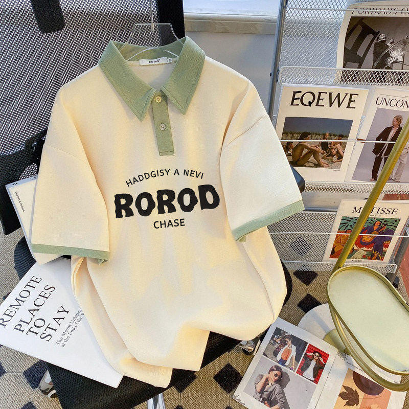 美式复古夏季短袖polo衫韩版洋气男女童休闲宽松百搭印花翻领T恤