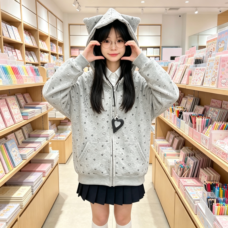 萌妹美式百搭猫耳连帽拉链开衫卫衣女复古风大码少女学生长袖外套