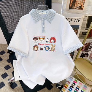 韩版美式复古小众假两件polo格子拼接短袖女夏季大码宽松显瘦上衣