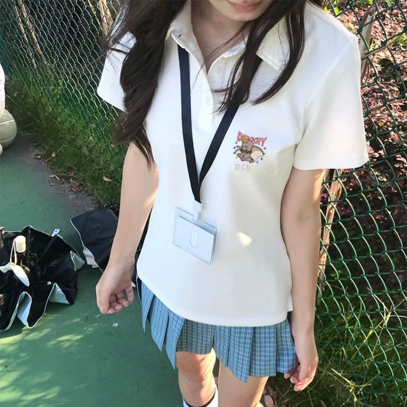 学生白色polo衫短袖t恤女夏季2026新款oversize学院印花宽松上衣