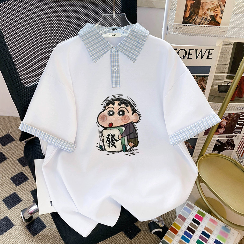 新款男女童美式复古大码polo衫印花格子拼接夏季短袖上衣宽松童装