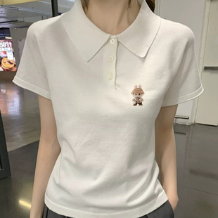 时尚polo领短袖T恤女夏季新款白色大码修身显瘦正肩打底衫上衣潮