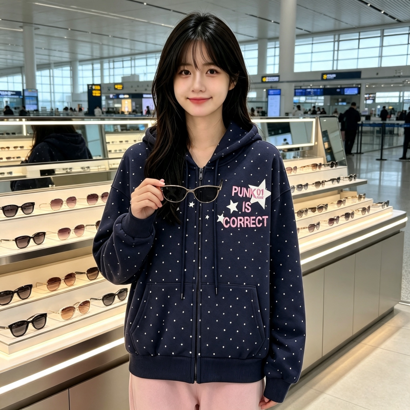 校园风拉链外套女生秋冬季印花卫衣潮牌韩版复古小众休闲宽松上衣