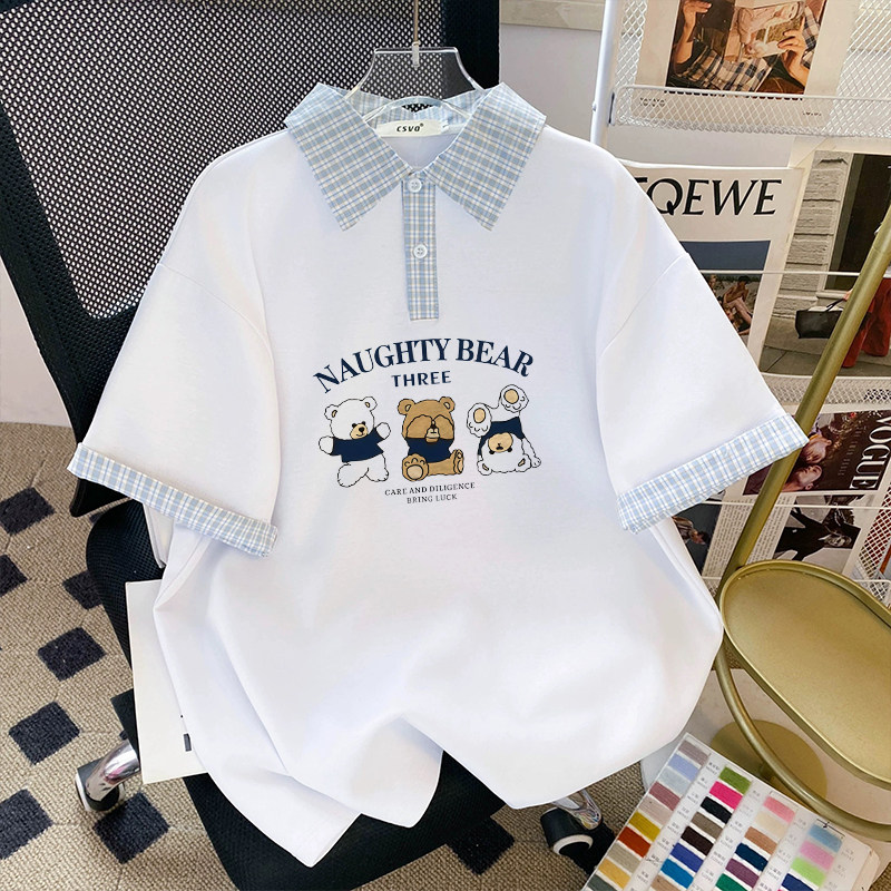 2026宽松拼接童装T恤短袖格子polo印花新款夏季学院上衣女童宝宝