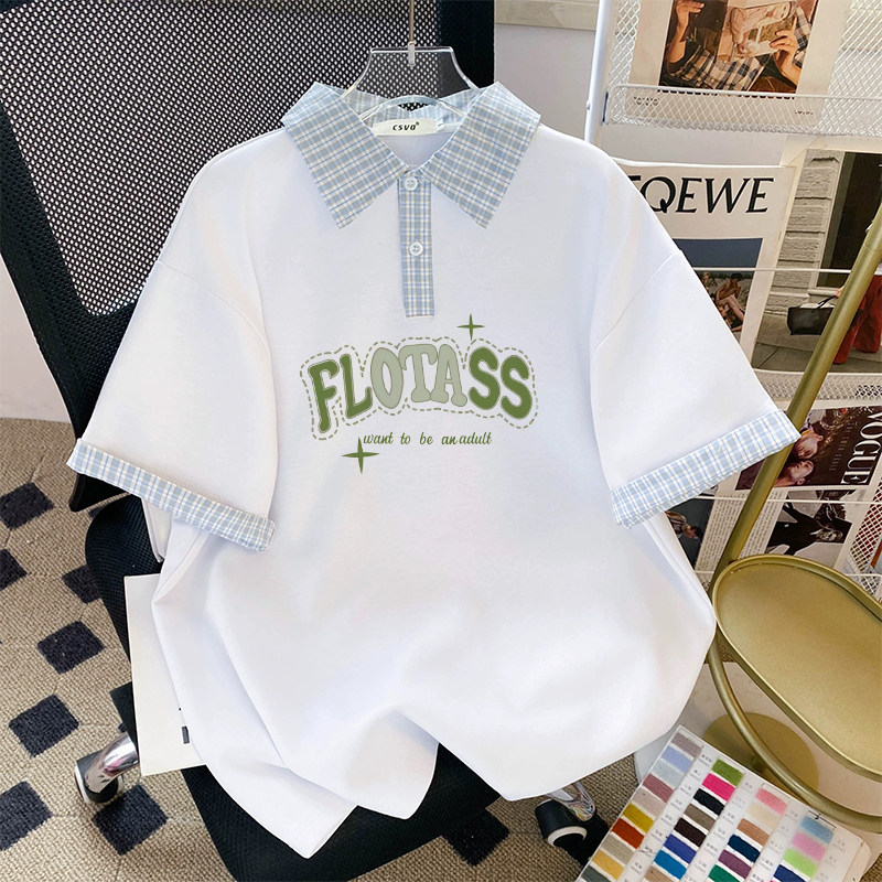 新款2026polo短袖夏季拼接翻领大码上衣格子宽松学院T恤女孩宝宝