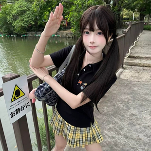 夏季黑色翻领短袖t恤女设计感小众上衣ins超火简约宽松半袖polo衫