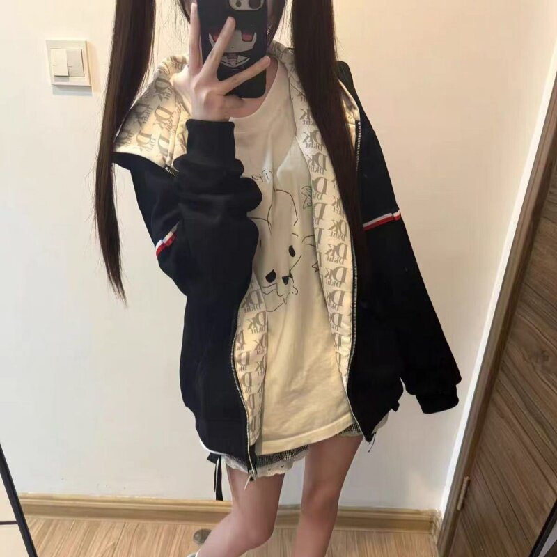 大码温柔风连帽开衫女生秋季通勤风复古小众美式洋气外套休闲百搭