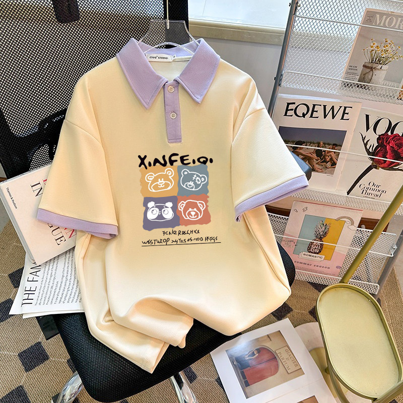 复古女孩polo翻领夏季新款短袖拼接童装T恤上衣格子宽松美式修身