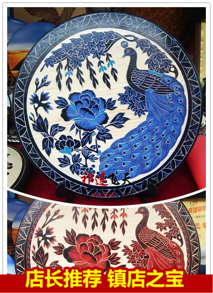 敦煌木板画木版画木刻画手工雕刻厚彩富贵孔雀40厘米工艺大摆件