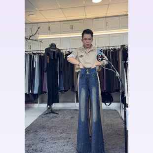 燕龙原创2120烫钻高腰微喇牛仔加厚加长加绒修身 弹力喇叭牛仔裤