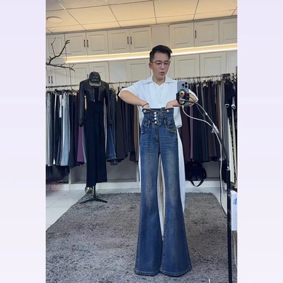 燕龙原创2111 排扣高腰微喇牛仔加厚加长加绒修身弹力喇叭牛仔裤