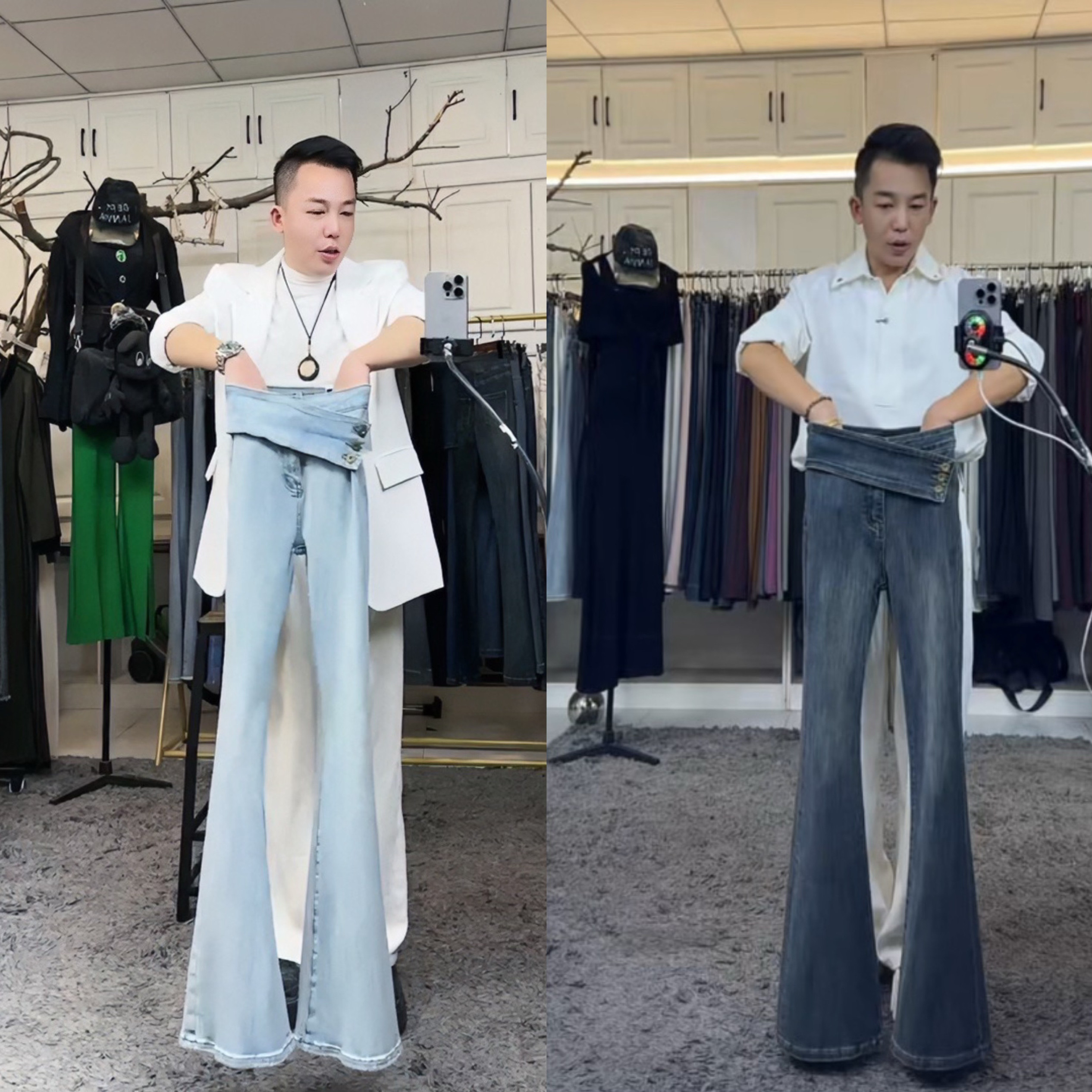 2燕龙服饰定制加长2021气质腰精漫画腿水蛇腰高腰高弹微喇牛仔裤