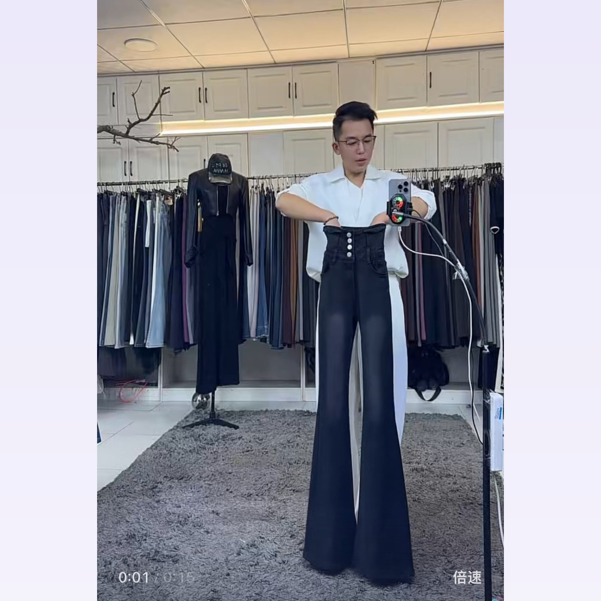 燕龙原创2111 排扣高腰微喇牛仔加厚加长加绒修身弹力喇叭牛仔裤