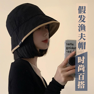 原创渔夫帽子假发一体女短发夏季防晒化疗大头围光头增发时尚百搭