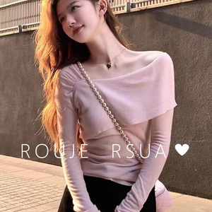 ROUJE  RSUA法式粉色一字领露肩针织衫纯欲打底衫多巴胺甜美上衣