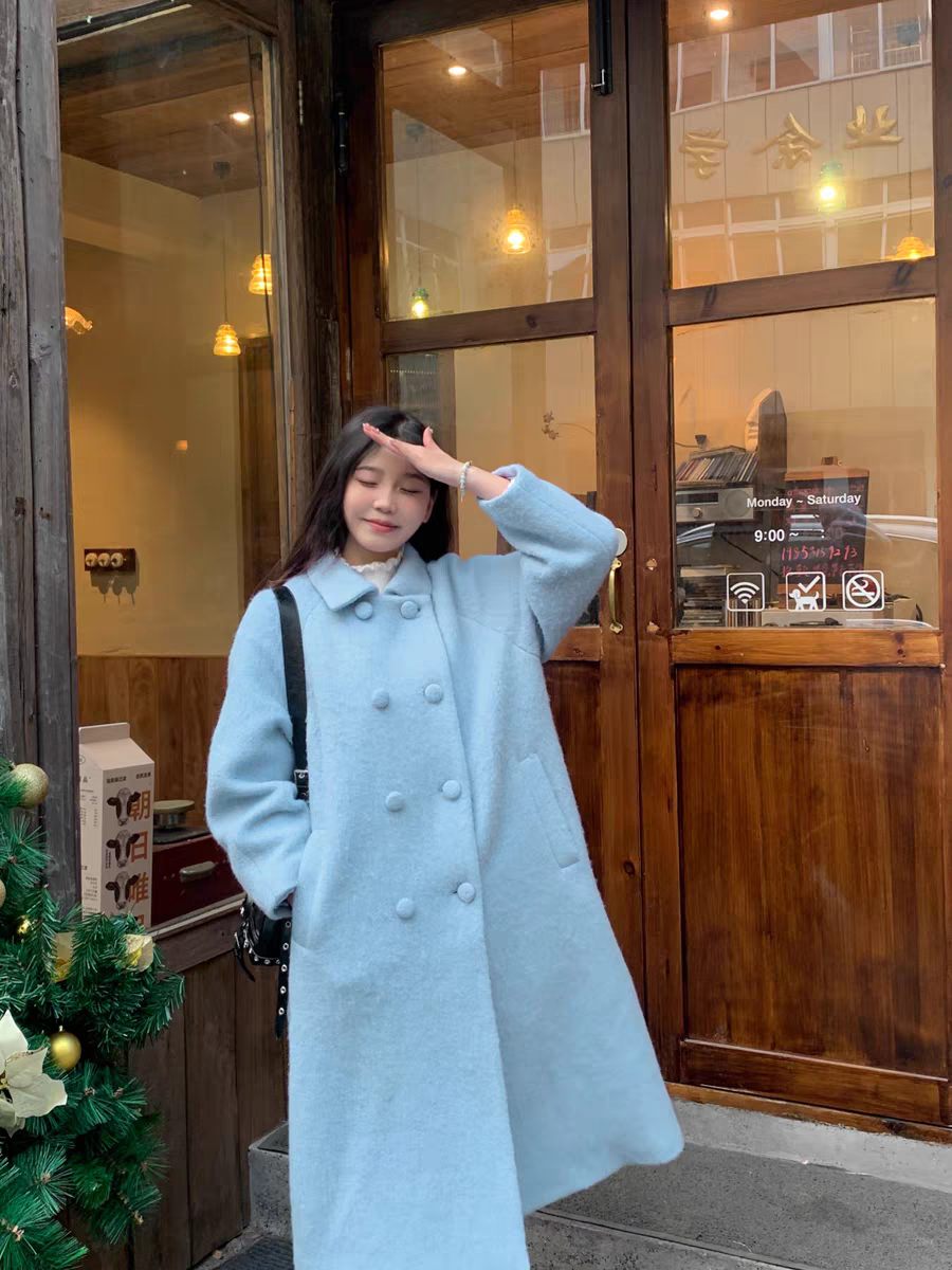 一见倾心 日剧初恋蓝长毛呢子大衣女秋冬新款高级感加厚长款外套