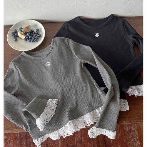 女童T恤2024秋季新款蕾丝花边拼接修身长袖打底衫女宝宝上衣童装