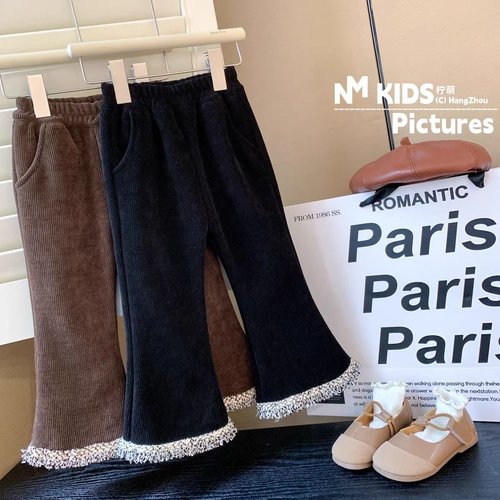 女童休闲裤子2023秋冬款洋气女宝宝一体绒外穿小香风儿童喇叭裤潮