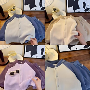 【500克】奥粒绒套装秋冬立领双面休闲风男童秋冬单排扣拼色套装