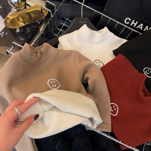 儿童加绒打底衫男冬季新款小童洋气内搭上衣半高领女一体绒保暖