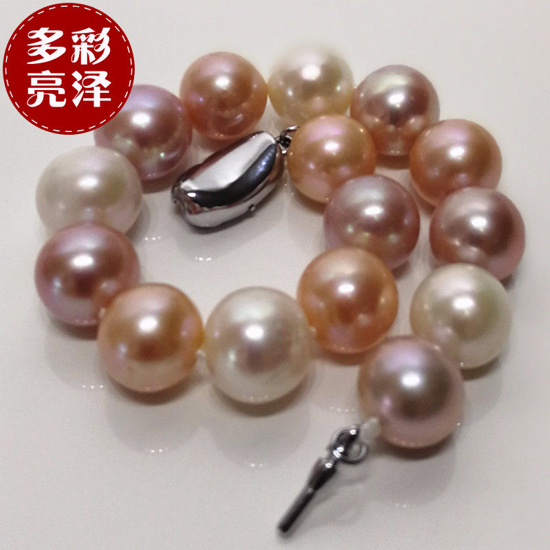 高亮泽正圆混彩超大天然珍珠手链正品11-12mm淡水手镯 纯银扣手作