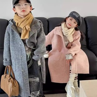 2025新款女童大衣秋冬款洋气时尚中大童长款加厚连帽毛呢外套冬装