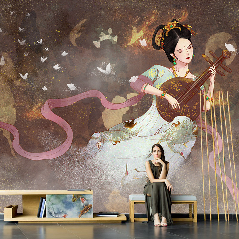敦煌壁画墙纸中式复古艺术客厅背景墙布手绘抽象仙女飞天人物壁纸