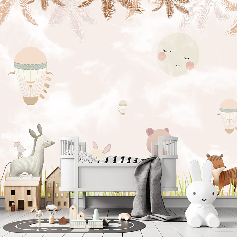 儿童房壁纸男女孩卧室卡通可爱动物背景墙纸幼儿园游乐场兔子墙布