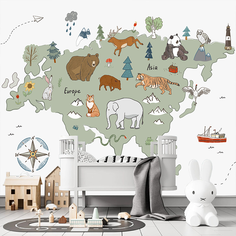 卡通动物世界地图墙纸绿色儿童房床头壁纸男孩女孩卧室墙布壁画