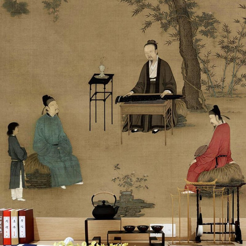 听琴图古典壁纸新中式墙纸复古拍照背景墙布茶室会所包厢无缝壁画