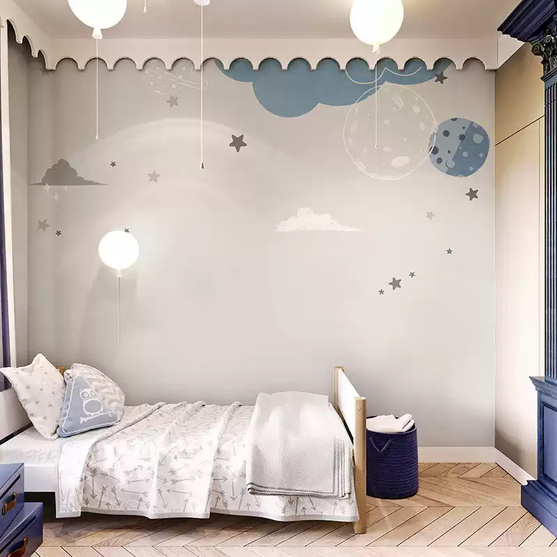 卡通儿童房灰色星球墙纸壁纸男孩卧室墙布北欧无缝壁布幼儿园壁画