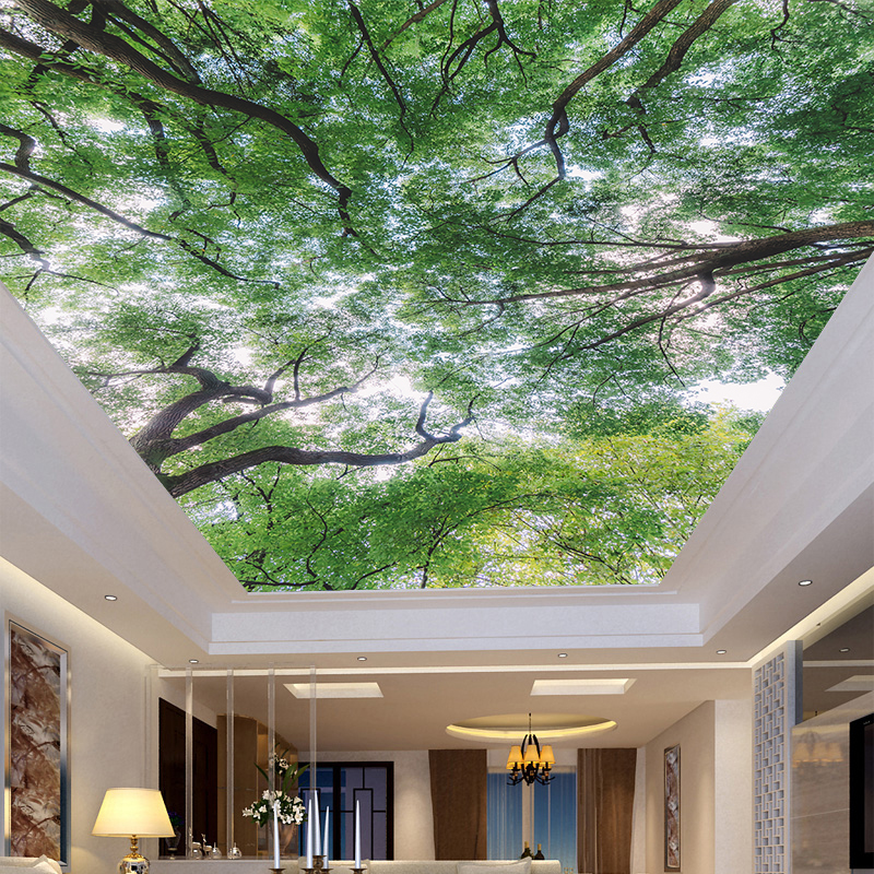 客厅卧室大型天顶3d壁纸吊顶天花板壁画墙纸画房顶棚绿色风景树枝