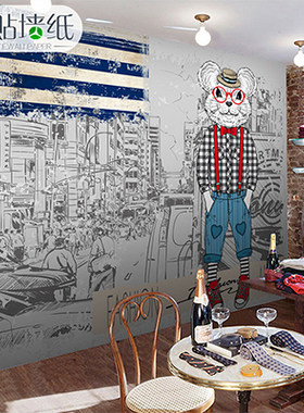 欧式国旗建筑时尚动物大型壁画素描街景男士服饰店墙纸咖啡厅壁纸