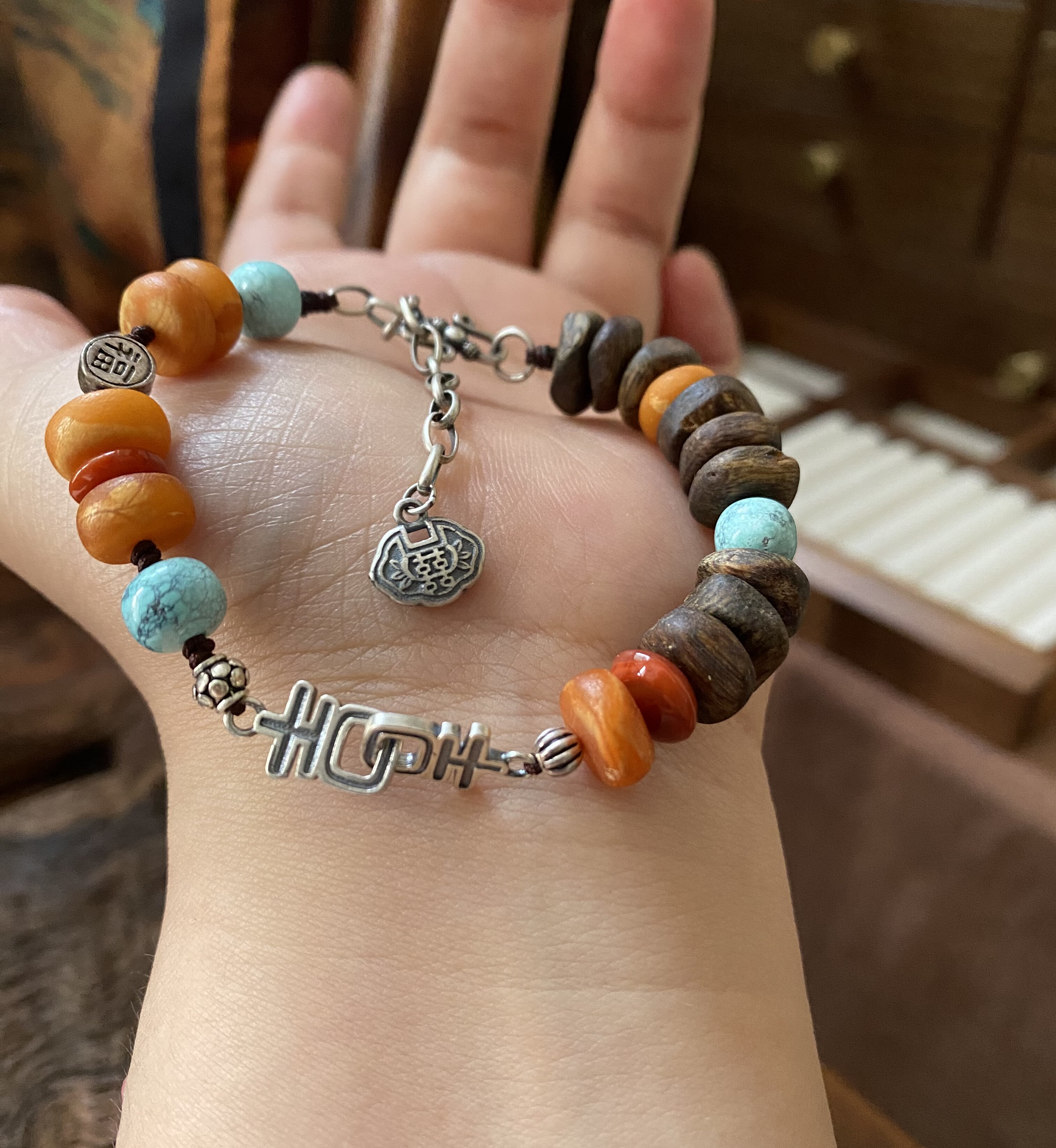 天然蜜蜡沉香手链原创设计手链复古银新中式小众珠宝高级手绳
