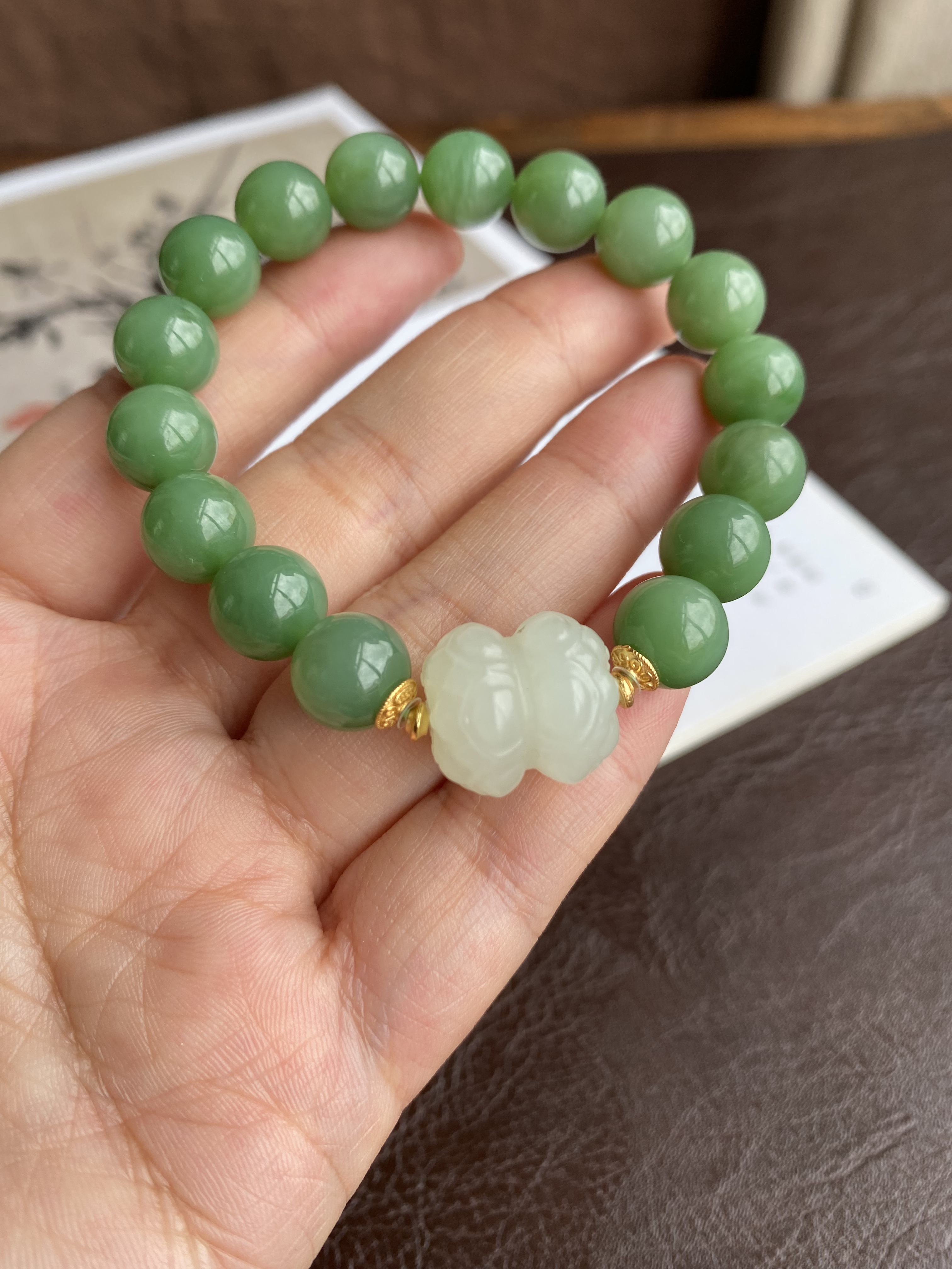 一物一图孤品天然和田玉碧玉手链老料粉绿手链碧玉白玉