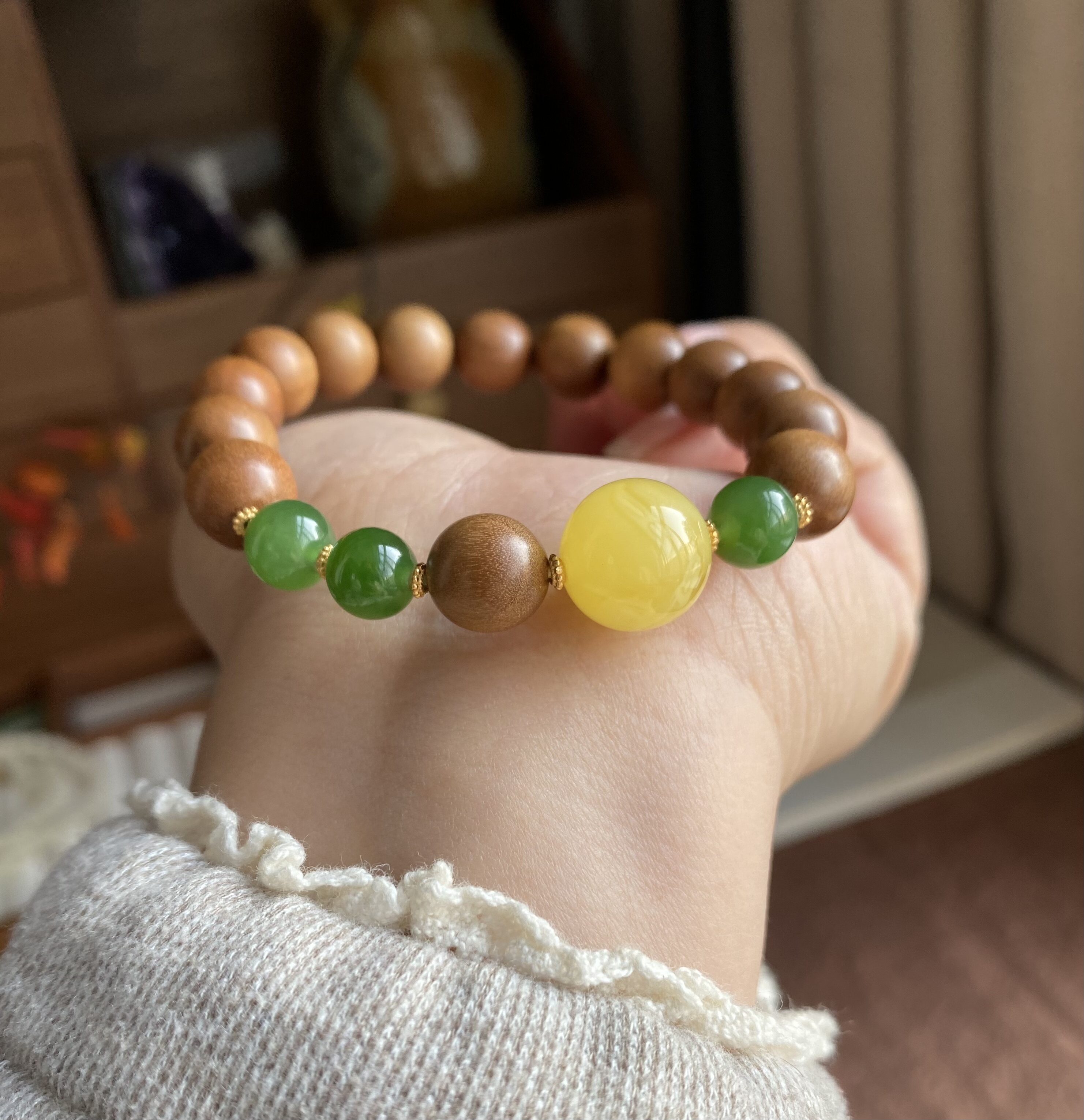 天然印度迈索尔老山檀原创设计手串女款碧玉纯银和田玉手链新中式