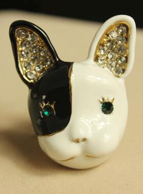 欧美ins风黑白拼接法斗犬镶狗狗造型大夸张设计个性小众戒指