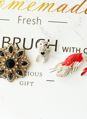 10欧美复古宝蓝水钻金色花朵珐琅釉满钻黑色桃心小熊趣味胸针