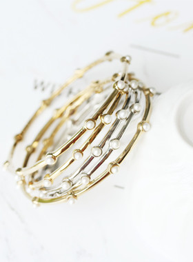 百搭银色珍珠镀金圆形叠戴手镯