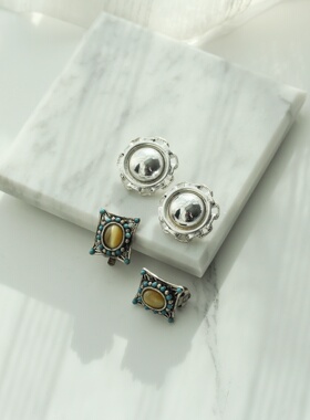 欧美复古外贸银色夸张装饰做旧个性小众方形耳夹