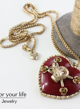 欧美系列精工红色爱心超萌骷髅玫瑰花金色长款项链毛衣链