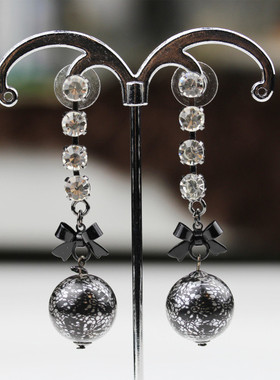 欧美BJ复古亚克力大黑色蕾丝珍珠吊坠多切割面超闪捷克钻长耳环