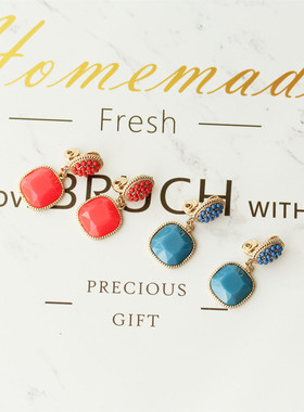 美式mon*t糖果荧光色可爱个性波点波普粉蓝色方型吊坠小耳夹