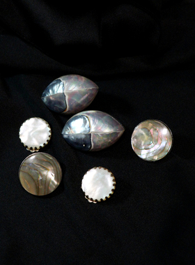 欧美Vintage黄铜彩色白贝母圆盘异形蓝色炫光复古夸张小众耳夹