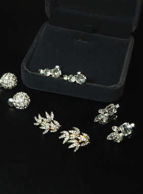 欧美复古vintage莱茵石中古精致优雅小金银树叶气质简约小耳夹