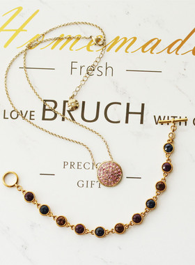 欧美复古品牌mon*t金色圆盘镶钻项链宝蓝色彩色锆石手链