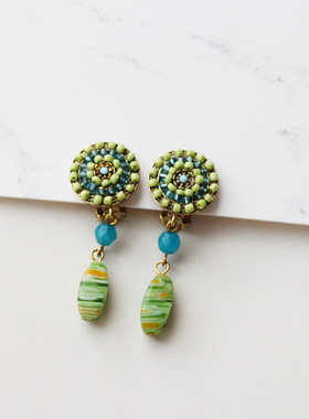 欧美复古米粒珠合成绿色宝石质感波西米亚吊坠耳夹